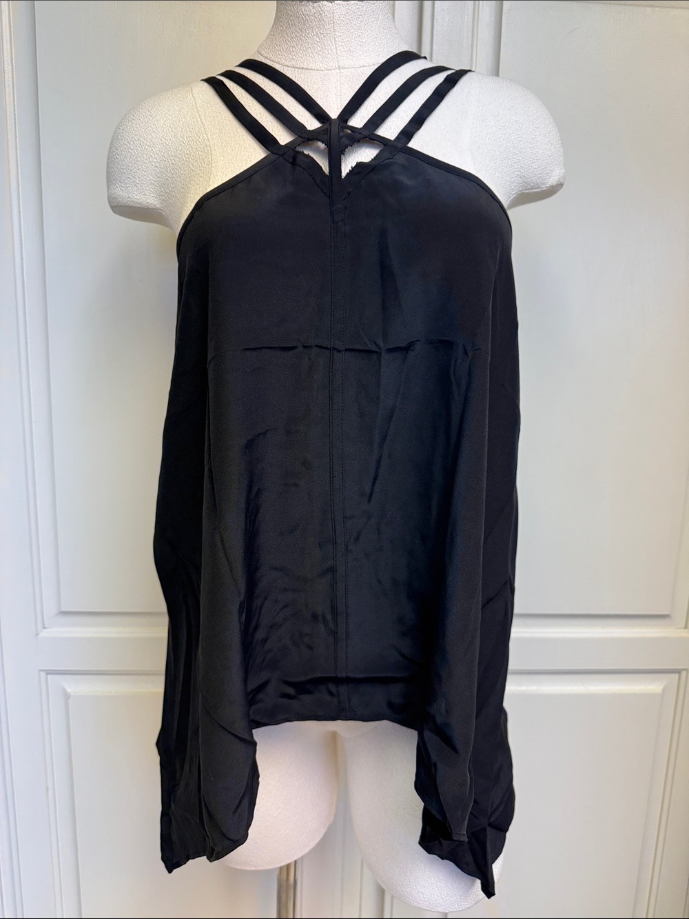 BCBGMaxAzria Black Strappy Halter Cami, waterfall sides Sz.Med
